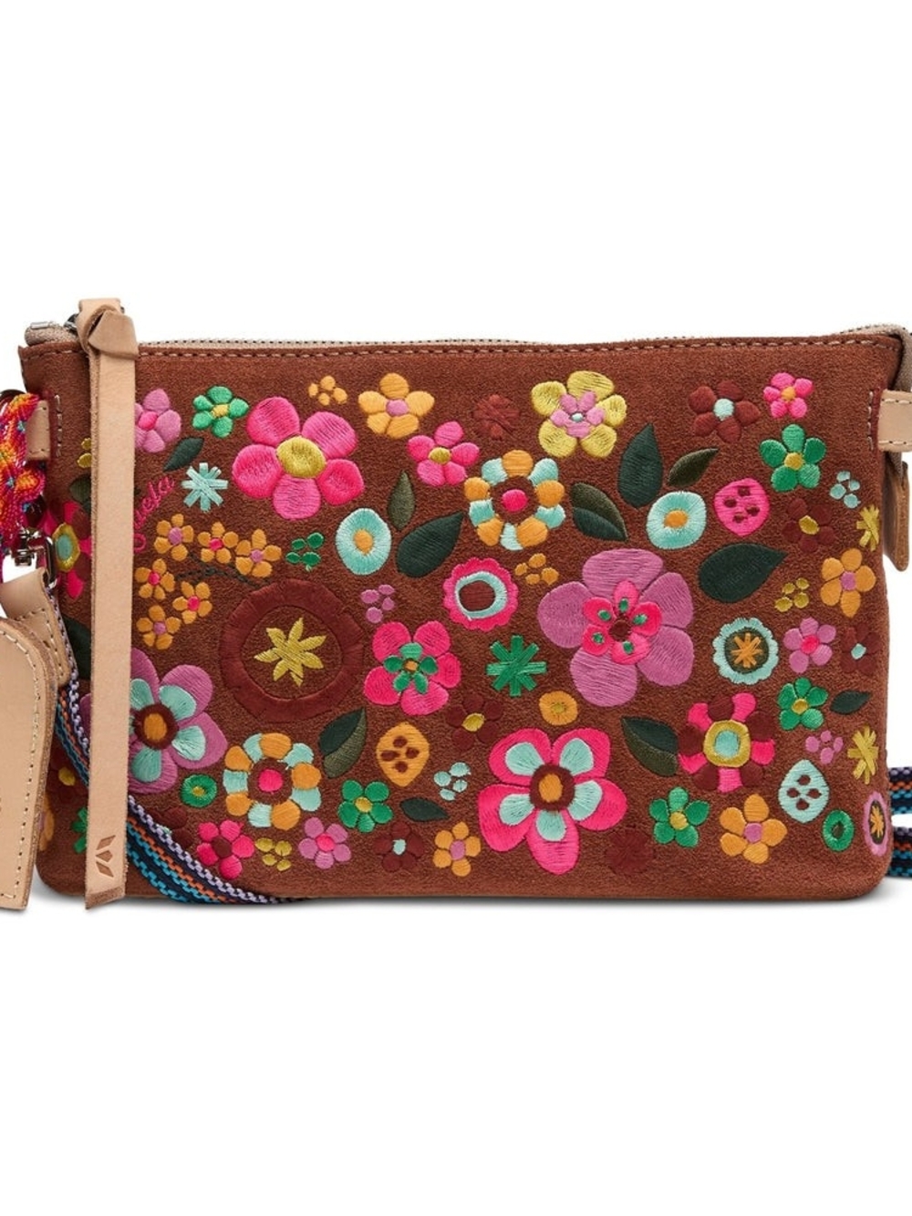 CONSUELA Suede Sienna Midtown Crossbody with Multicolor Floral Embroidery NWOT